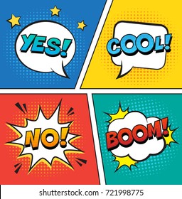 Retro comic speech bubbles set on colorful background. Expression text YES, COOL, NO, BOOM. Vector illustration, vintage comic book design, pop art comic bubbles style.