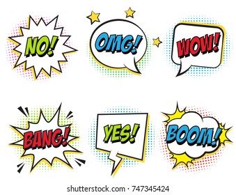 Retro Comic Speech Bubbles Set With Colorful Halftone Shadows On White Background. Expression Text BOOM, OMG, WOW, BANG, NO, YES. Vector Bubbles Illustration, Vintage Design, Pop Art Comic Style.