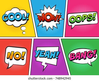 Retro comic speech bubbles set on colorful background. Expression text COOL, NO, WOW, YEAH, OOPS, BANG. Vector illustration, vintage design, pop art style.