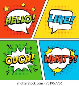 Retro comic speech bubbles set on colorful background. Expression text HELLO, LIKE, OUCH, WHAT. Vector illustration, vintage design, pop art style.