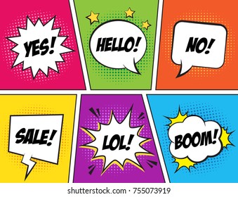 Retro comic speech bubbles set on colorful background. Expression text YES, HELLO, SALE, NO, LOL, BOOM. Vector illustration of comic speech bubbles, vintage design, pop art style.