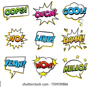 Retro comic speech bubbles set on white background. Expression text BANG, OUCH, NO, HELLO, YEAH, DAMN, LIKE, COOL, WOW. Vector illustration, pop art style.