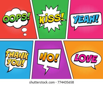 Retro comic speech bubbles set on colorful background. Expression text KISS, THANK YOU, NO, YEAH, OOPS, LOVE. Vector illustration, vintage design, pop art style.