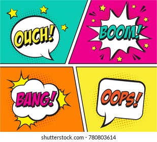 Retro comic speech bubbles set on colorful background. Expression text OUCH, BOOM, BANG, OOPS. Vector illustration of comic speech bubbles, vintage design, pop art style.