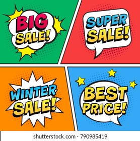 Retro comic speech bubbles set on colorful background. Text BIG SALE, SUPER SALE, WINTER SALE, BEST PRICE. For sales discount banner, poster. Vector illustration, vintage design, pop art style