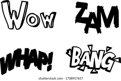 burbujas de habla cómica retro con efectos de sonido: wow , zam , whap, bang en blanco . diseño vectorial 