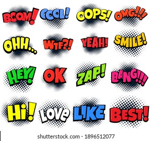 Retro comic splashes, explosions, exclamations. Vector illustration
