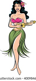 Retro comic style artwork of tropical hula girl playing a ukelele