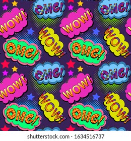 Retro comic style colorful pattern with text WOW and OMG  on colorful clouds and stars