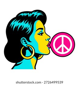 Gráfico estilo cômico retrô com perfil feminino com tons de pele azul e amarelo e emblema de paz chiclete rosa