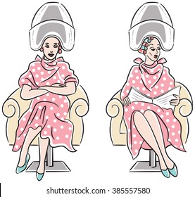 Retro comic style line drawing of two ladies with hair rollers sitting under vintage hairdryers at a hair salon. Isolated on white background.