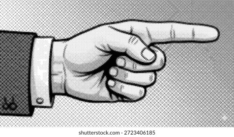 Estilo de cómic retro señalando la ilustración de la mano. Antiguas pop art puntero de dedo. Gesto retro de la mano del puño de la manga. Dibujo de tinta de punto semitono que apunta al Vector derecho.