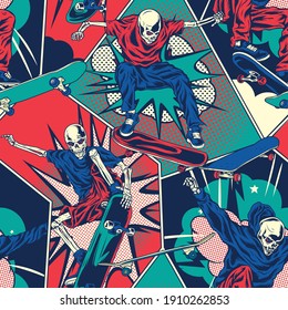 Retro Comic style Skull on skateboard seamless pattern. Skeleton Skateboarder Background Wallpaper