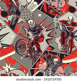 Retro Comic Style Skull Riding BMX Bicycle Seamless Pattern, For Printed in Textile or Fabric. Background Wallpaper