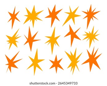 Silhueta Retrô Comic Style Starburst. Um conjunto dinâmico de 15 silhuetas angulares starburst em tons de laranja e amarelo com cômico irregular inspirou picos de energia gráfica. Perfeito para posters adesivos