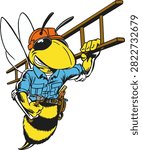 Retro comic vector illustration of a friendly wasp or bee construction worker mascot wearing an orange hard hat and blue work shirt, carrying a ladder on its shoulder and wearing a tool belt with a hammer. Isolated on a white background, ideal for handyman services, contracting, roofing, and home repair logos.