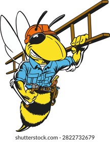 Retro comic vector illustration of a friendly wasp or bee construction worker mascot wearing an orange hard hat and blue work shirt, carrying a ladder on its shoulder and wearing a tool belt with a hammer. Isolated on a white background, ideal for handyman services, contracting, roofing, and home repair logos.