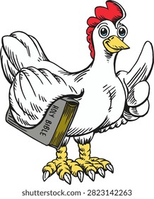 Retro comic vector illustration of a friendly white chicken or rooster mascot holding a Holy Bible and gesturing cheerfully. Isolated on a white background, ideal for religious themes, Sunday school materials, church mascots, stickers, and Christian apparel designs.