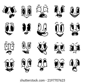 Retro comic vintage cartoon faces. Retro mascot face, isolated abstract expressions. Fun smile and surprise, angry heads snugly vector set. Different emotions collection