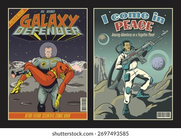Conjunto de ilustración de estilo de cubiertas de cómics retro. Astronauta y belleza en el planeta desconocido, Marines espaciales con pistola láser. Obra de arte espacial del futuro retro