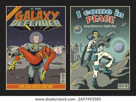 Retro Comics Covers Style Illustration Set. Astronaut and Beauty on the Unknown Planet, Space Marine with Laser Gun. Retro Future Space Artwork