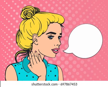 Retro comics girl with speech bubble. Touching a neck by a hand, lips open, talking. Vector illustration in pink, lemon yellow and cyan colors.