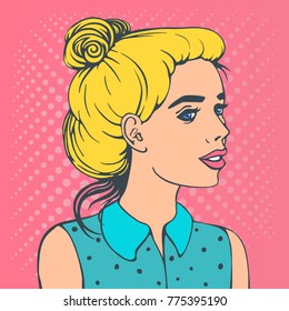 Retro comics girl. Vector illustration in pink, lemon yellow and cyan gentle, tender, soft colors.