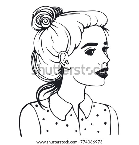 Retro comics girl. Vector isolated on white outline illustration. Black and white. Portait of a beautiful girl in a blouse with dots.