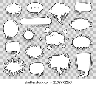 Retro comics speech bubbles in pop art style. Doodle dialogue balloons, thought clouds, sound explosions and splashes. Cool comic talk and sounds effect vector set