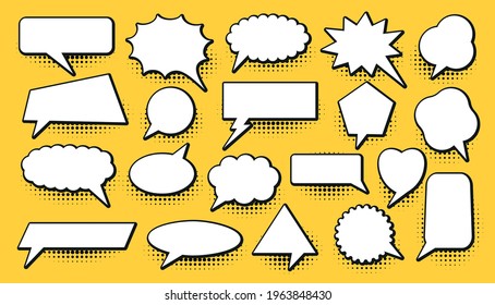 Retro comics white empty speech bubbles set. Vintage style chat message dialog cloud collection. Different shapes blank text box bubble banner. Quote label frame for question, answer, advertising