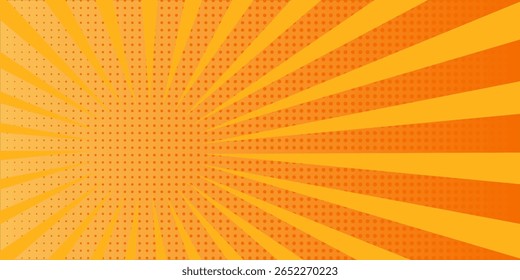 Retro comic-style pop art background with vibrant orange rays and halftone dot pattern. 