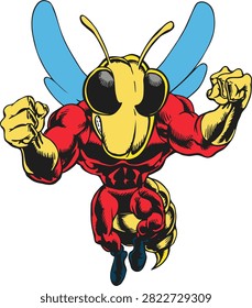 Retro comic-style vector illustration of a powerful, muscular wasp superhero or mascot wearing a red suit with blue wings, flexing both fists in an intense action pose with a confident smirk. Isolated on a white background, ideal for sports team logos, emblems, apparel prints, and stickers.