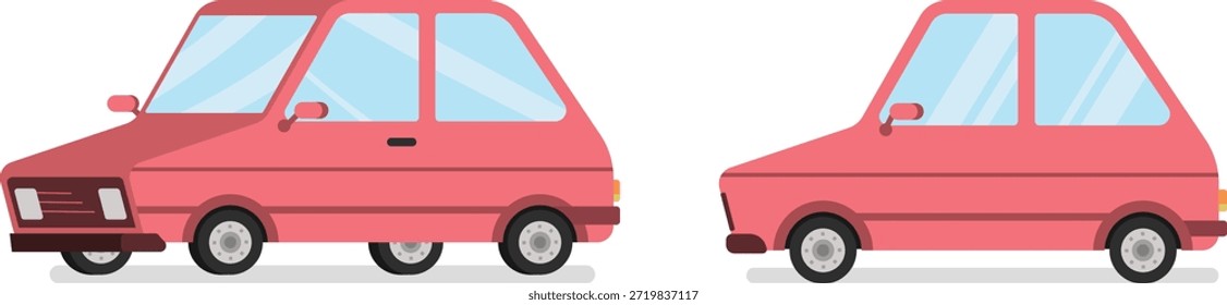 Conjunto de diseño plano de coche compacto retro. Retro Hatchback Car.Front y vista lateral
