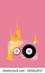 Retro Compact Cassette tape "love song mixtape" on fire on pastel pink background, simple cute illustration