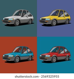 a retro compact hatchback car in four colors (gray, yellow, blue, red), arranged in a 2x2 grid, emphasizing its design variations against a solid teal background