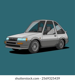 a retro compact hatchback car in gray, featuring sharp angles and a vintage design, against a solid teal background