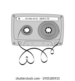 Retro compact tape cassette. Vintage audio tape in doodle style isolated on a white background. Vector black and white illustration for web banners, advertisements, stickers, labels, t-shirt