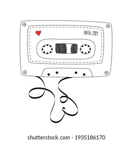 Retro compact tape cassette. Vintage audio cassette tape in doodle style isolated on a white background. Vector black and white illustration for web banners, advertisements, stickers, labels, t-shirt