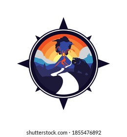 retro compass dangerous volcano adventure path vector illustration