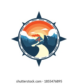 retro compass dangerous volcano adventure path vector illustration