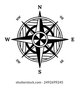 Retro compass icon. Hand drawn wind rose. Old vector design element for marine theme or heraldry. Vintage rose of wind for sea marine navigation