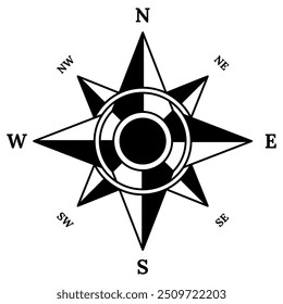 Retro compass icon. Hand drawn wind rose. Old vector design element for marine theme or heraldry. Vintage rose of wind for sea marine navigation