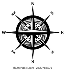 Retro compass icon. Hand drawn wind rose. Old vector design element for marine theme or heraldry. Vintage rose of wind for sea marine navigation