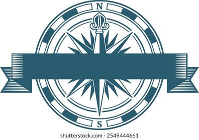 Retro compass logo. Sailing emblem with ribbon engraving