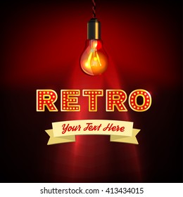 Retro composition with lettering, lighting bulb and blank banner for your text. Vector illustration in golden, red and dark colors