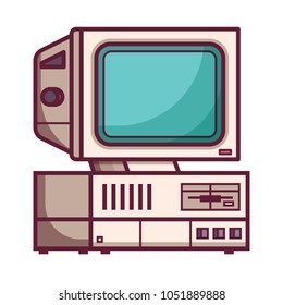 Retro Computer From 90's. Classic Vintage PC Icon Isolated On White. Obsolete Data Processing Machine For Home And Office. Old School Mainframe With Floppy In Line.