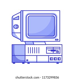 Retro Computer From 90s. Classic Vintage PC Icon Isolated On White. Obsolete Data Processing Machine For Home And Office. Old School Mainframe With Floppy In Line.