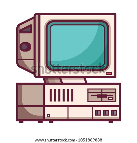 Retro computer from 90's. Classic vintage PC icon isolated on white. Obsolete data processing machine for home and office. Old school mainframe with floppy in line.