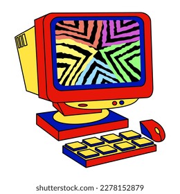 Retro computer aesthetic sticker. PC with monitor keyboard and mouse in retro style. Vaporwave vintage style aesthetics. Nostalgia 90's sticker with retro pc. Used as cool print, or patch.