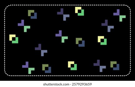 Retro computer art, bold pixelated geometric shapes.